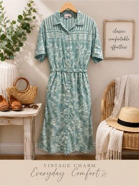 Together Women’s Vintage Mint Green Floral Rayon Shirt Dress Midi, Pockets